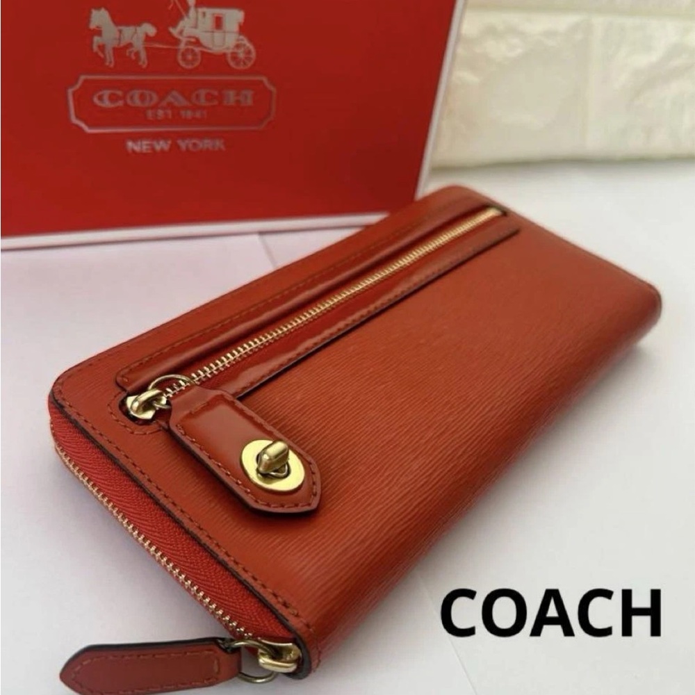 Coach Orange Leather Zip Wallet with Gold Hardware